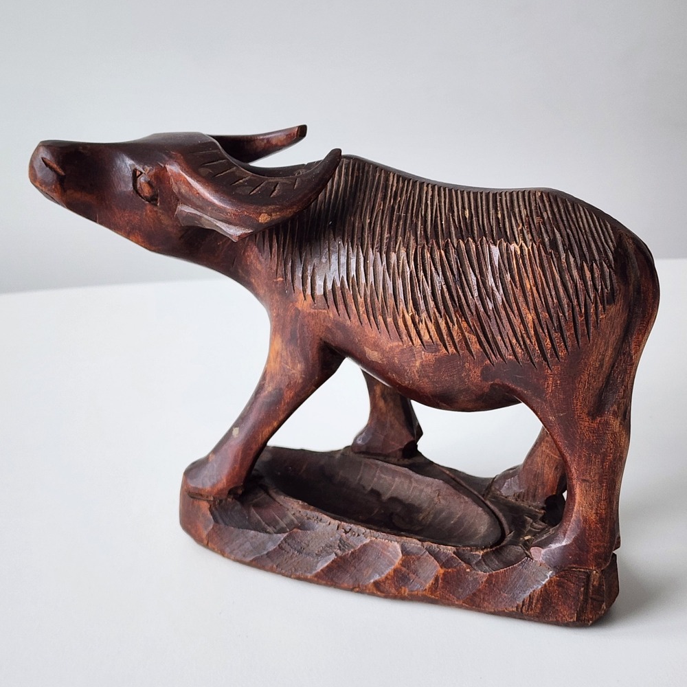 Vintage Hand Carved Wood Water Buffalo Figurine Brown 8 Inch Animal Statue Art
